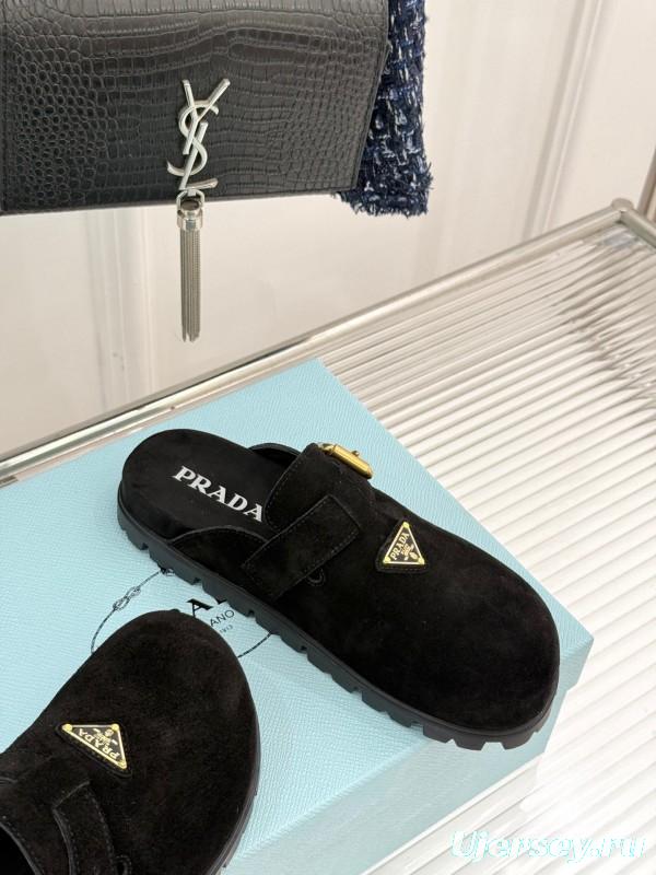 2025 Women Prada Black Suede Slippers
