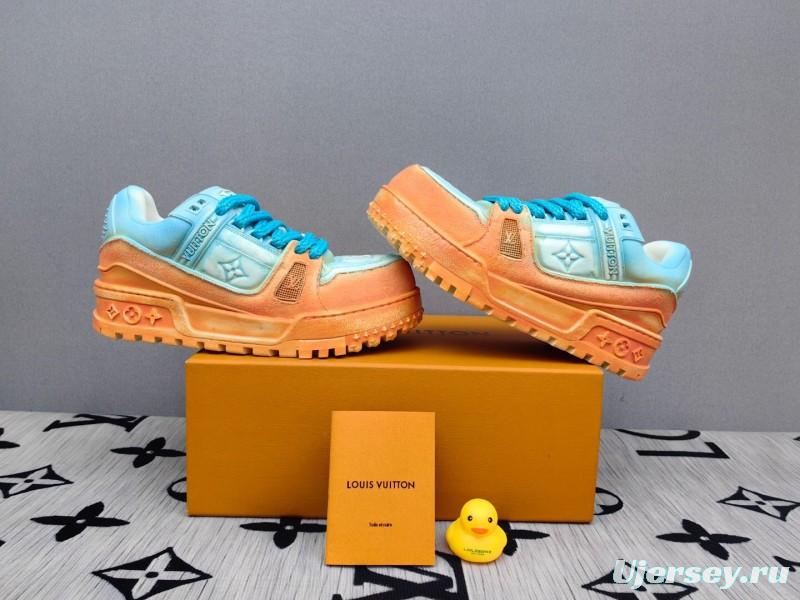 2025 Unisex Louis Vuitton Blue Orange Denim TPU Plimsolls Complex Wash KFY00510