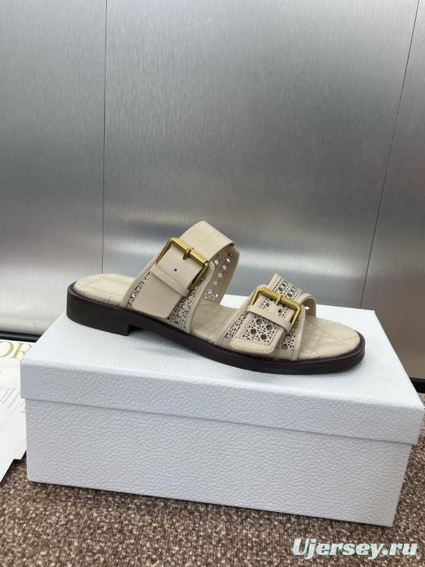 2025 Women Dior Beige Calfskin Leather Slippers KFY00300