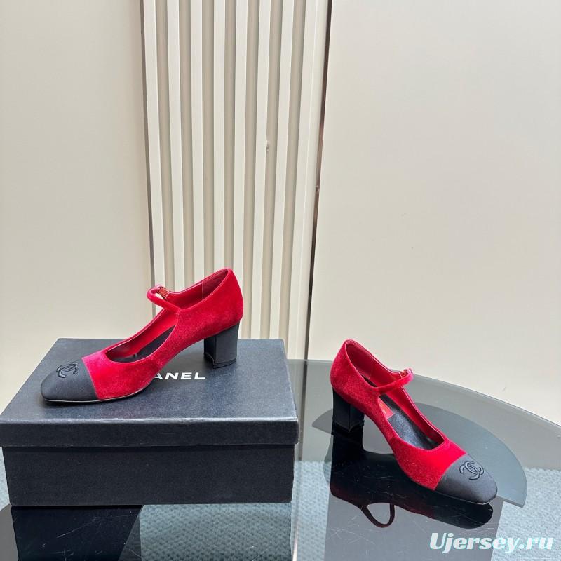 2025 Women Chanel Red Black Suede Leather Mary Jane Logo KFY00290