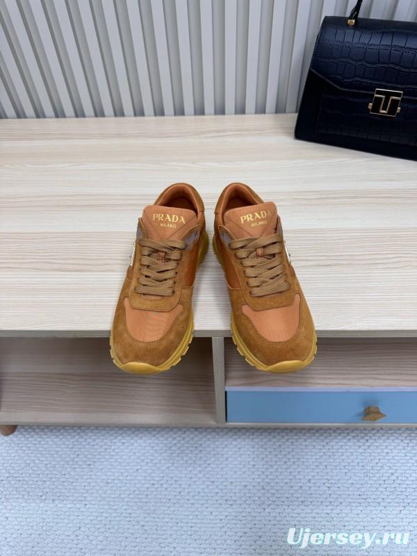 2025 Women Prada Brown Suede Nylon Sneakers LY00300