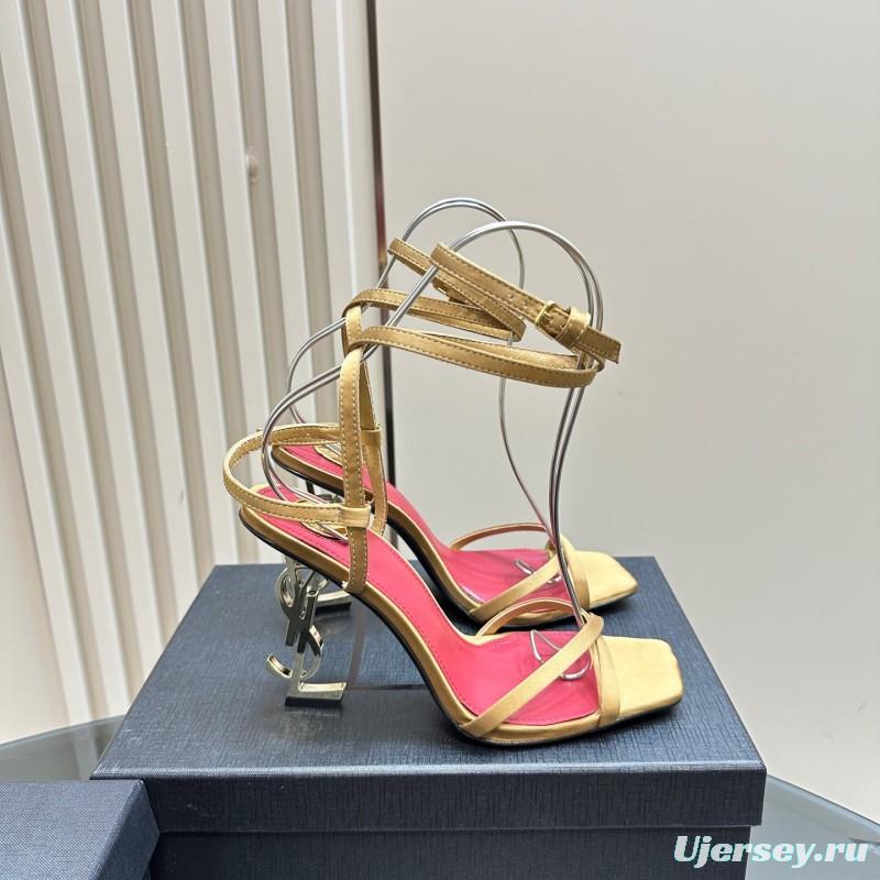 2025 Women Yves Saint Laurent Light Brown Satin High Heel Sandals