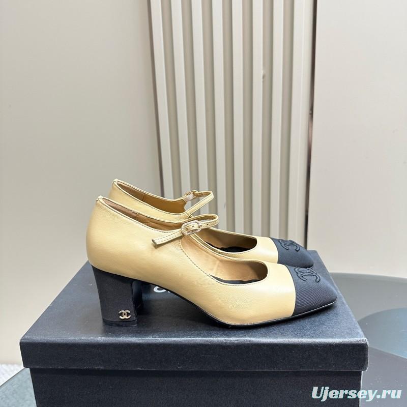 2025 Women Chanel Beige Black Leather Mary Jane Shoes KFY00290