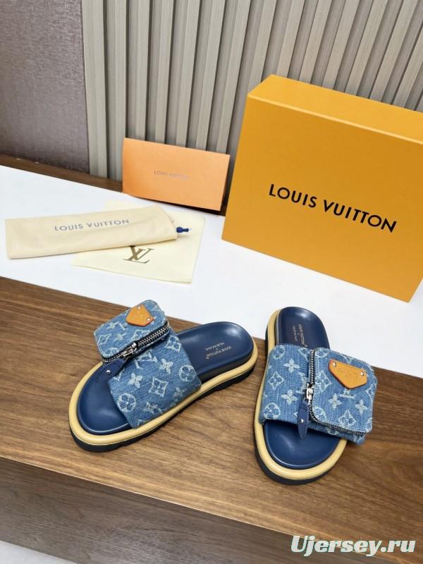 2025 LV Blue Denim Leather Slippers