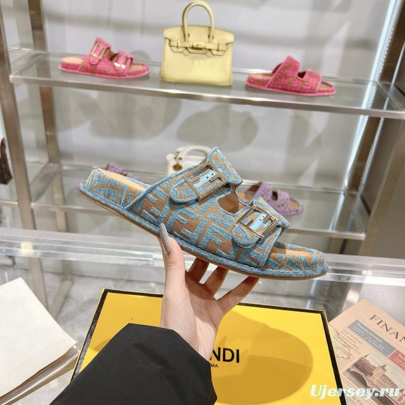 2025 Fendi Blue Beige Jacquard Fabric Slippers Buckle MJ00230