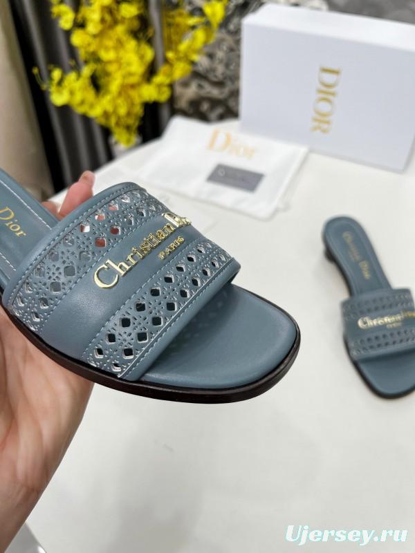 2025 Women Dior Blue Leather Slide Sandals LY00210