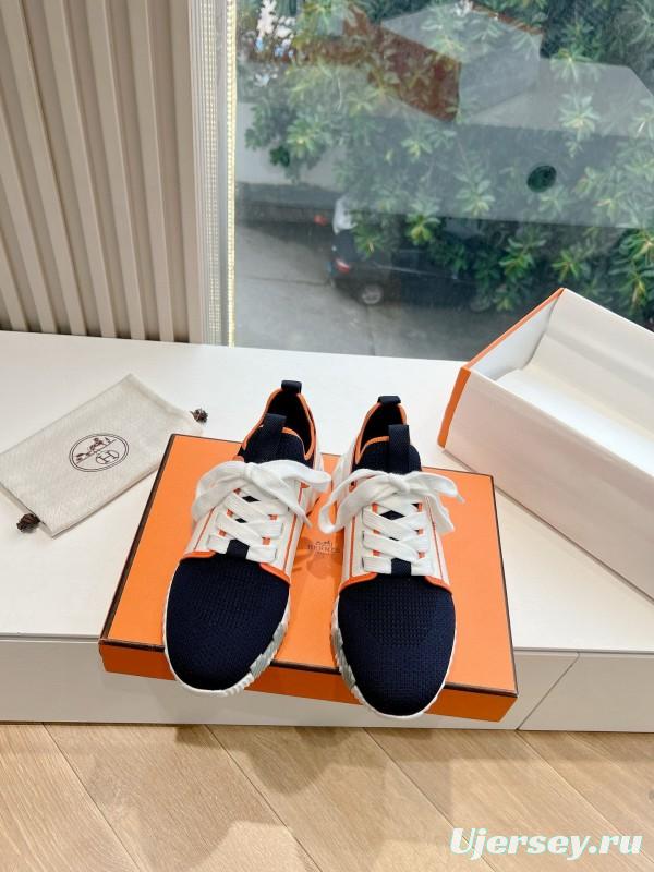 2024 Unisex Hermès 爱H Navy Orange Knit Leather Sneakers 