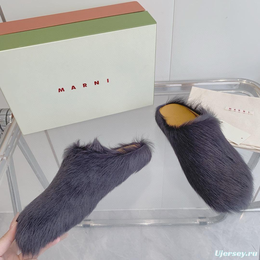 2024 Women Marni Gray Pony Hair Mules MJ00320