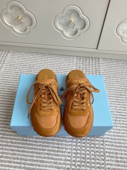 2025 Women Prada Brown Leather Suede Sneakers