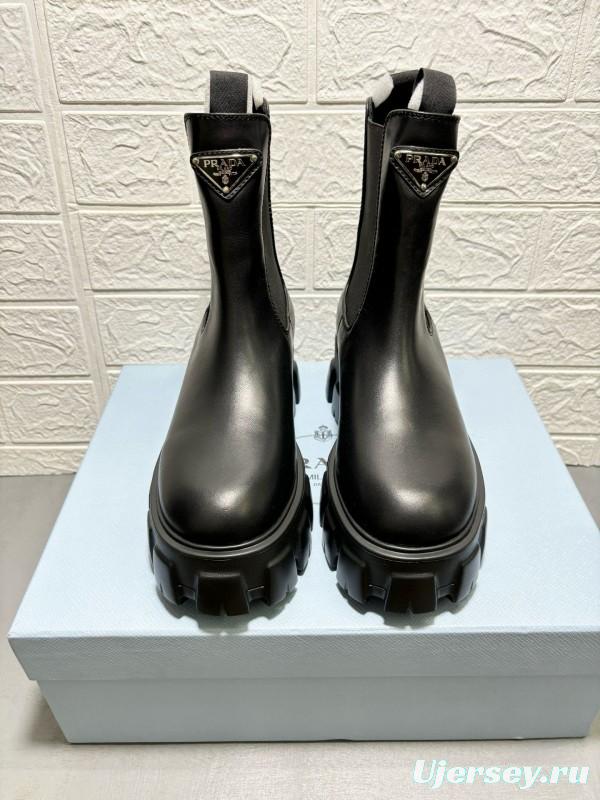 2024 Women Prada Black Leather Chelsea Boots MJ00380