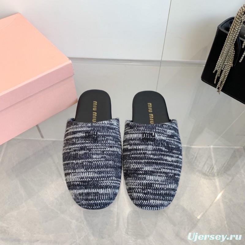 2025 Women Miu Miu Black White Knit Leather Slippers