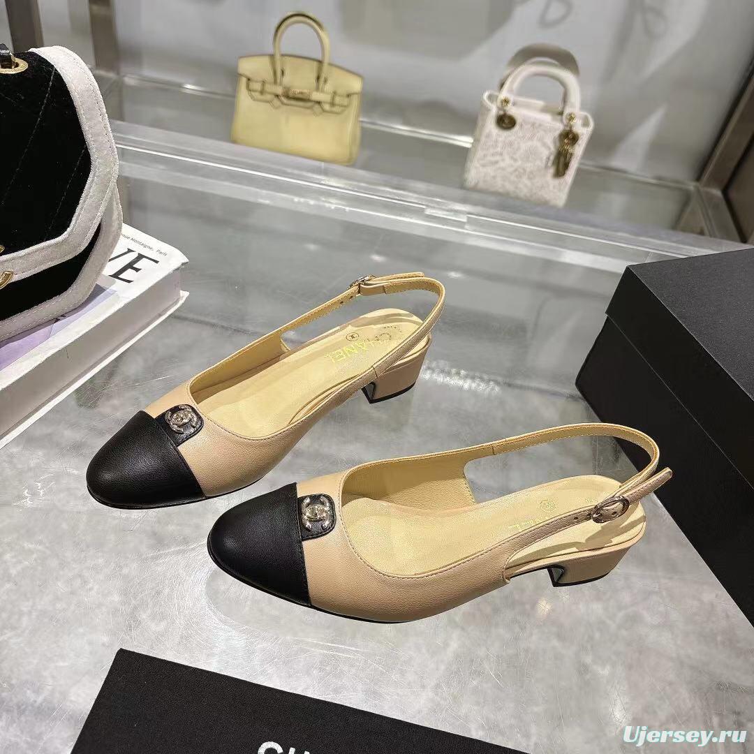 2025 Women Chanel Beige Black Leather Slingback Sandals LY00300