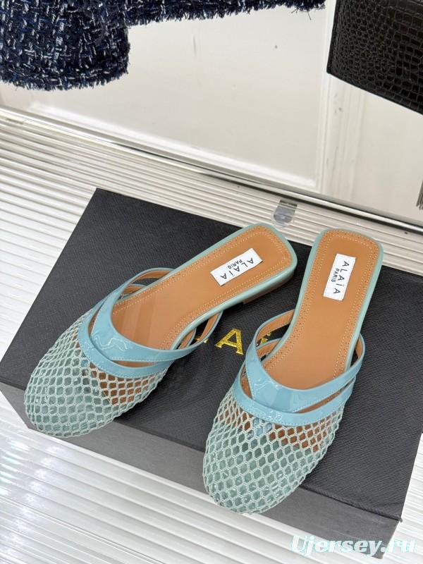 2025 Women AlAIA Light Blue White Leather Mesh Flat Slippers