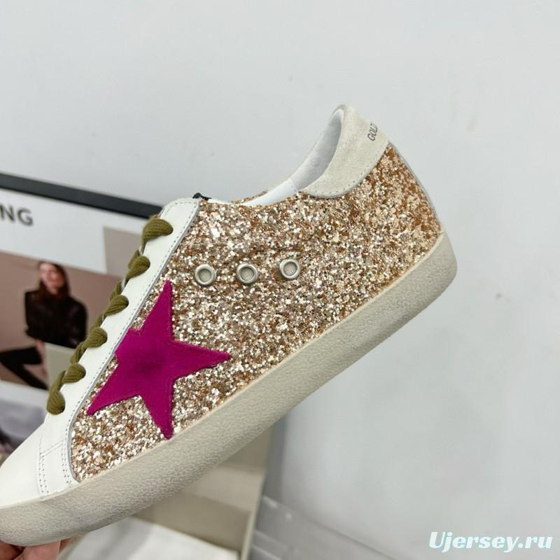 2025 Women GGDB White Gold Pink Glitter Leather Sneakers