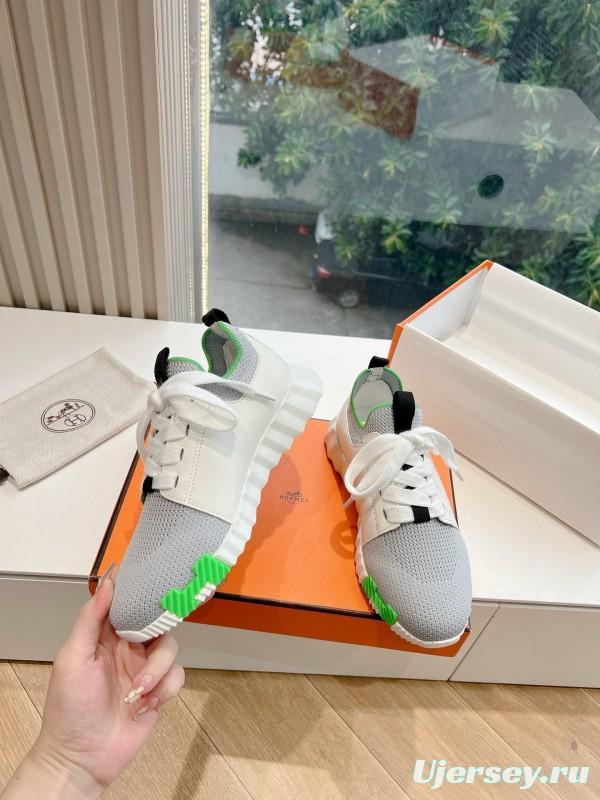 2024 Unisex Hermès White Green Calfskin Suede Sneakers MJ00290