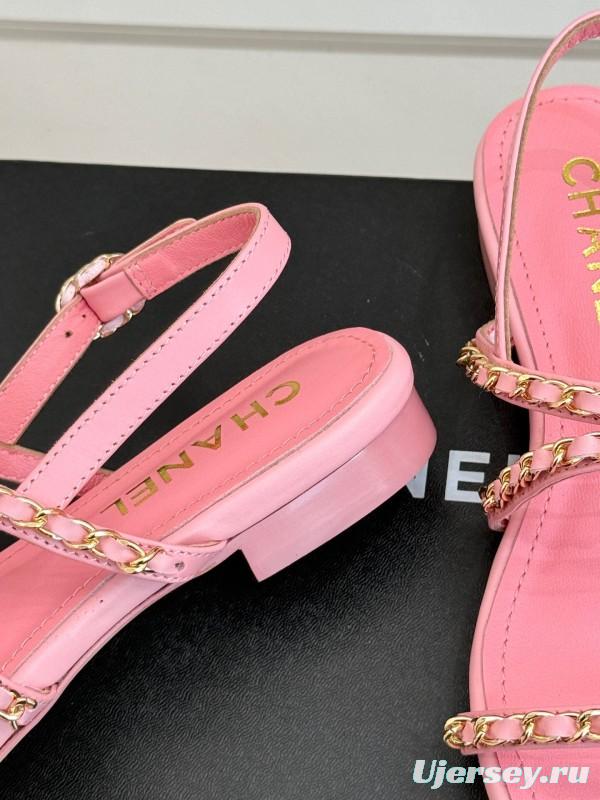 2025 Women Chanel Pink Leather Chain Strap Sandals