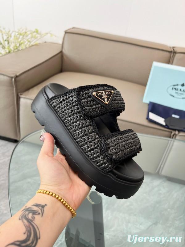 2025 Prada Black Woven Leather Slippers LY00290
