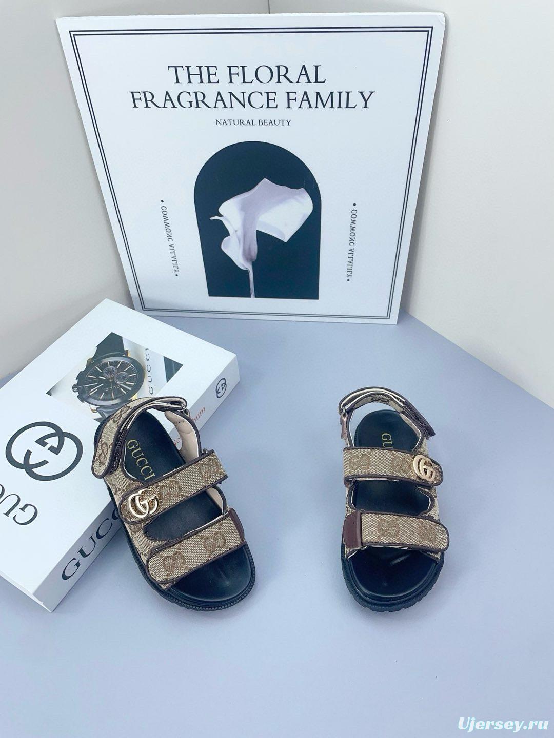 2025 Kids Gucci Black Brown Canvas Leather Sandals