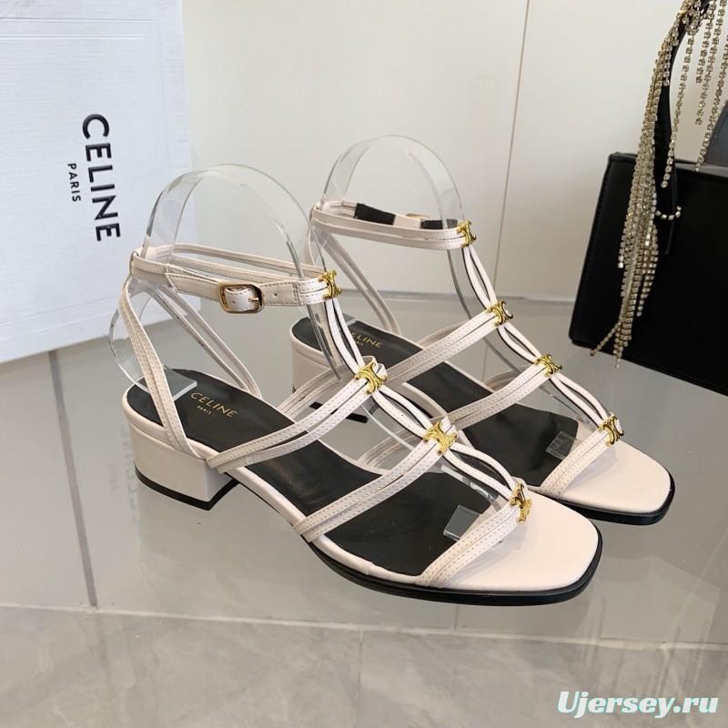 2025 Women CELINE White Leather Sandals Metal Detail KFY00300