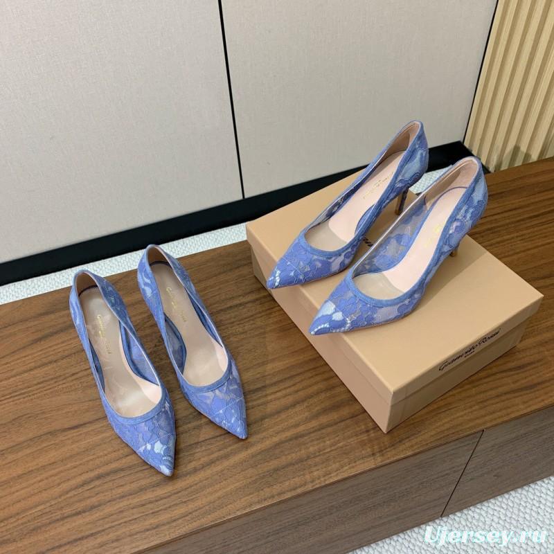 2025 Women Gianvito Rossi Blue Lace Leather Pumps