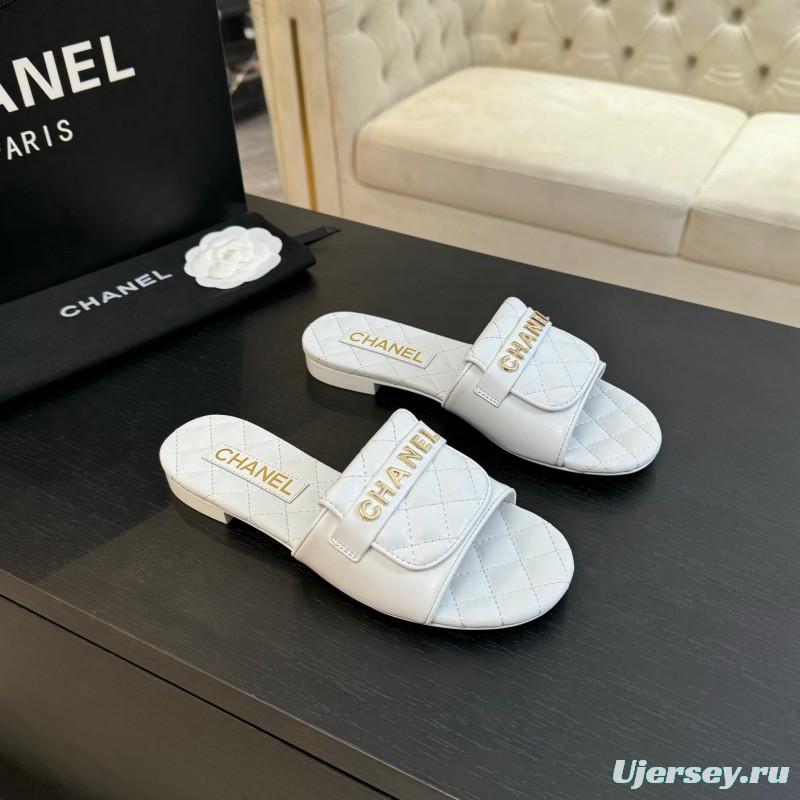 2025 Women Chanel White Leather Slippers