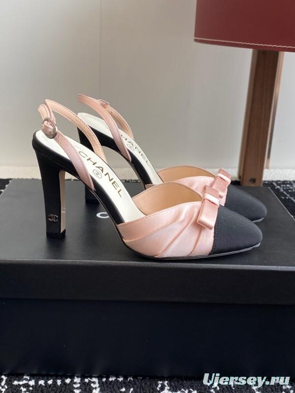 2025 Women Chanel Pink Black Satin Leather Slingback Heels KFY00289