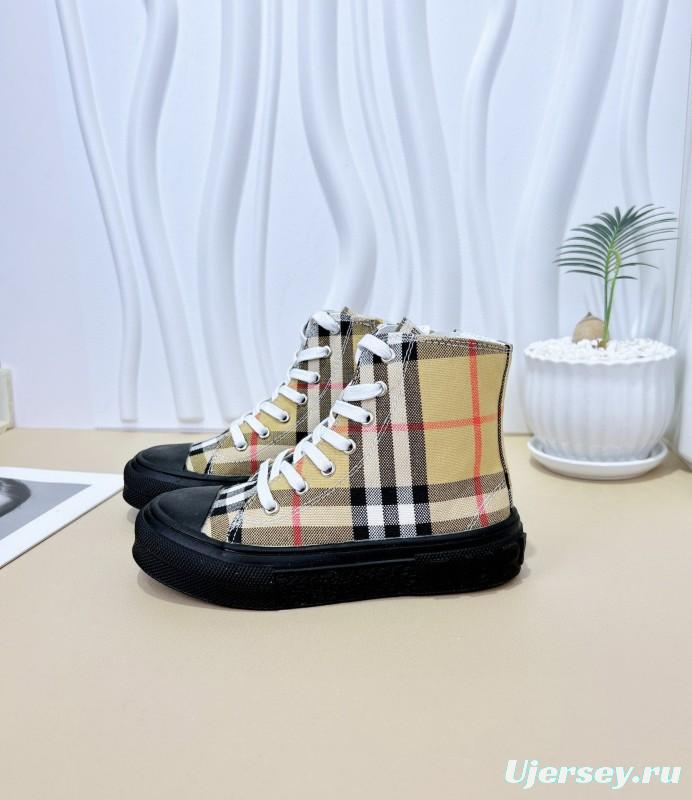 2024 Kids Burberry Beige Black White Canvas Leather High-top Sneakers