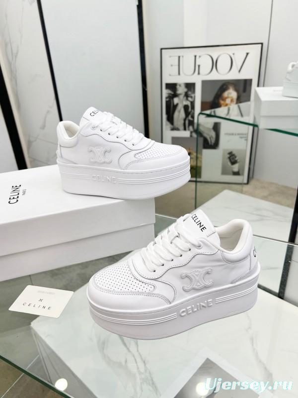 2025 Women Celine White Leather Platform Sneakers Embossed KFY00270