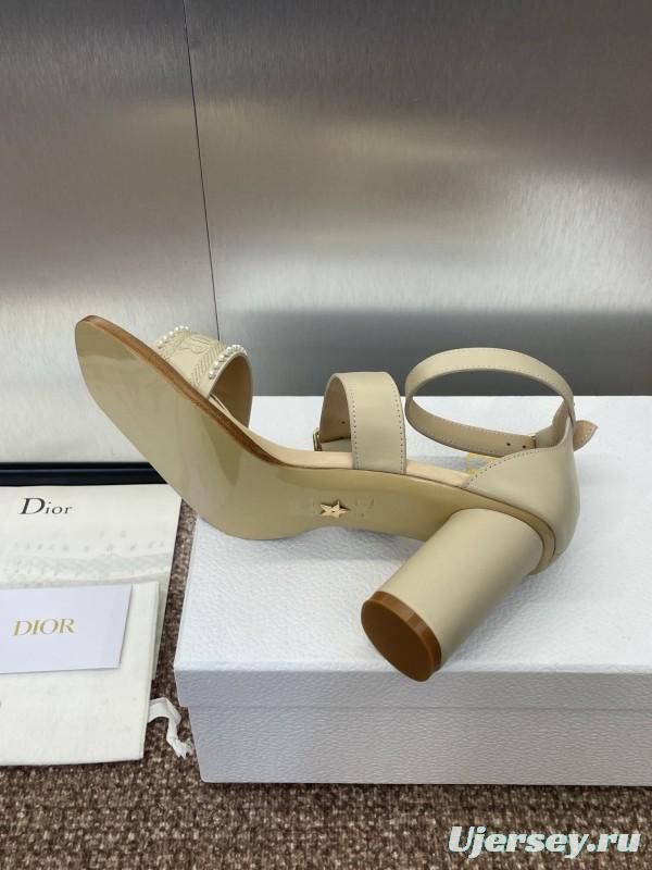 2025 Women Dior Beige Leather Sandals Ankle Strap KFY00320