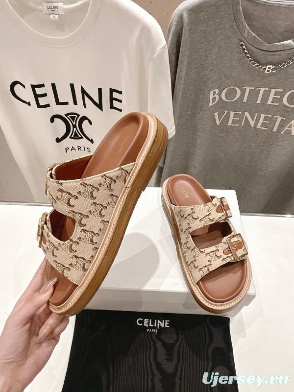 2025 Women Celine Beige Canvas Vintage Style Double Buckle Sandals Handcrafted Unisex LY00360(F)