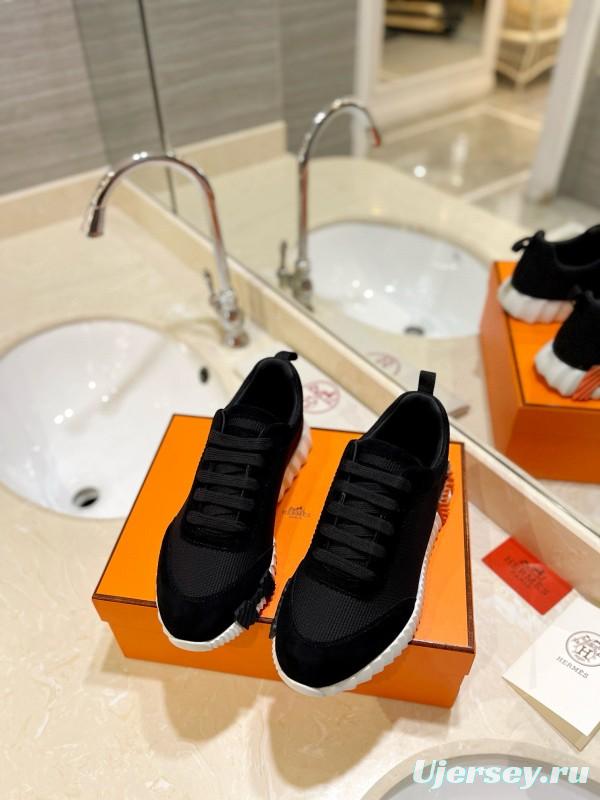 2024 Unisex Hermès Black Imported Silk Glazed Calf Suede Synthetic Fabric Sneakers MJ00320