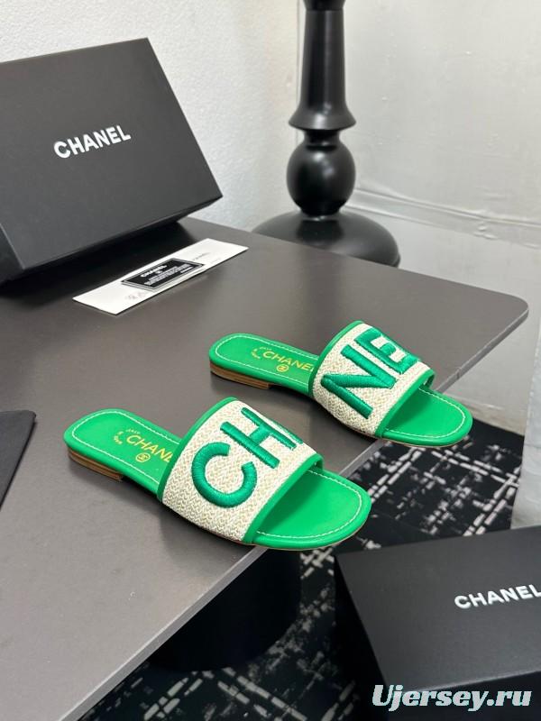2025 Women Chanel Green Canvas Slippers