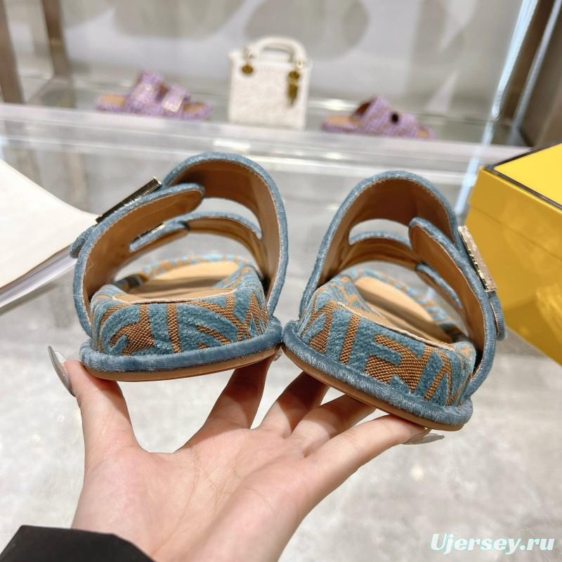 2025 Fendi Blue Beige Jacquard Fabric Slippers Buckle MJ00230