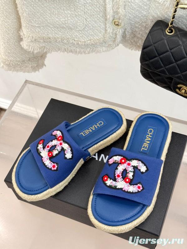 2025 CHANEL Blue Canvas Slippers Embroidered KFY00230