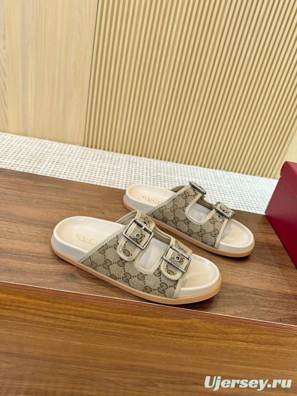 2025 Women Gucci Beige Canvas Leather Slippers LY00360