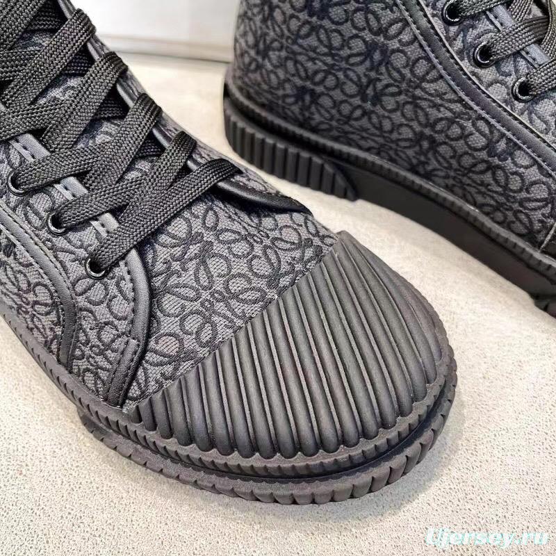 2025 Women Loewe Black Fabric Leather High-Top Sneakers LY00291