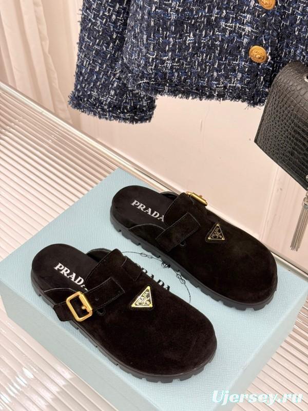 2025 Women Prada Black Suede Slippers