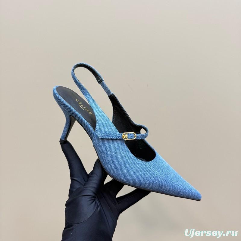 2025 Women CELINE Blue Denim Suede Slingback Pumps KFY00290