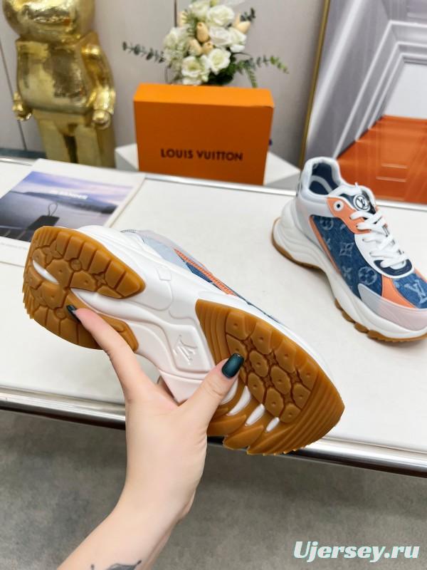 2025 Unisex Louis Vuitton Blue Orange White Leather Mesh Rubber Sneakers Monogram LY00340