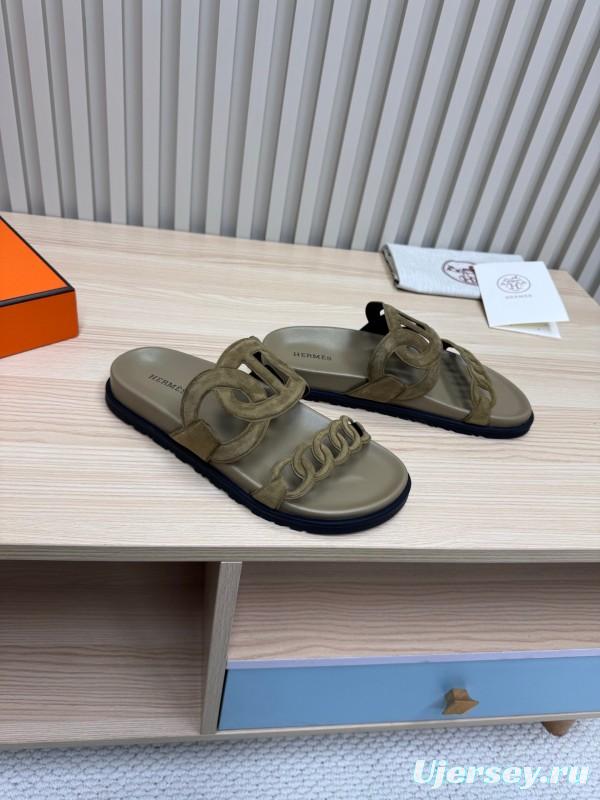 2025 Women Hermès Khaki Suede Slippers