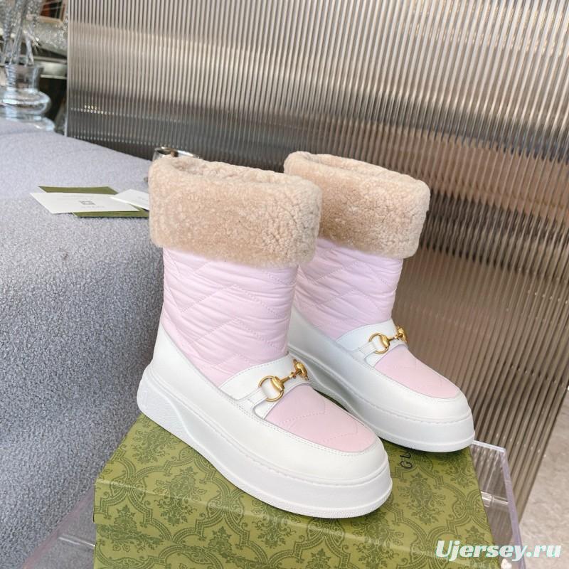 2024 Women Gucci Pink White Leather Shearling Snow Boots