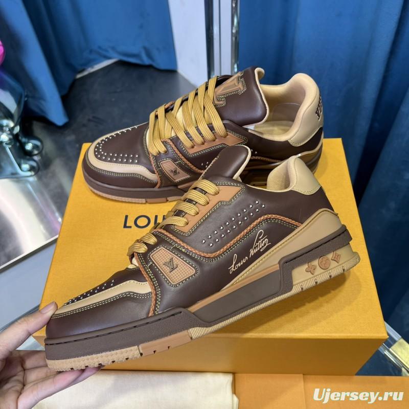 2025 Unisex Louis Vuitton Brown Beige Leather LV Trainer
