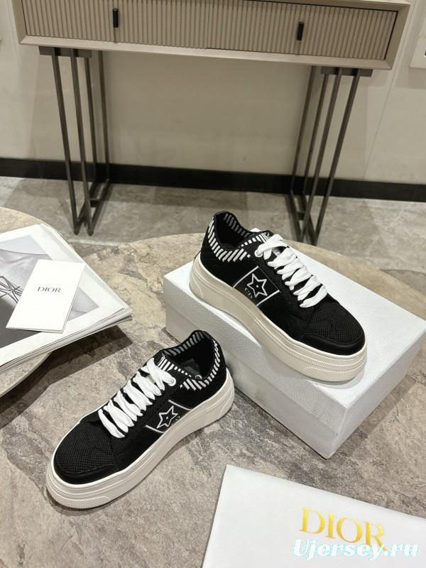 2025 Women Dior Black White Knit Leather Platform Sneakers KFY00330