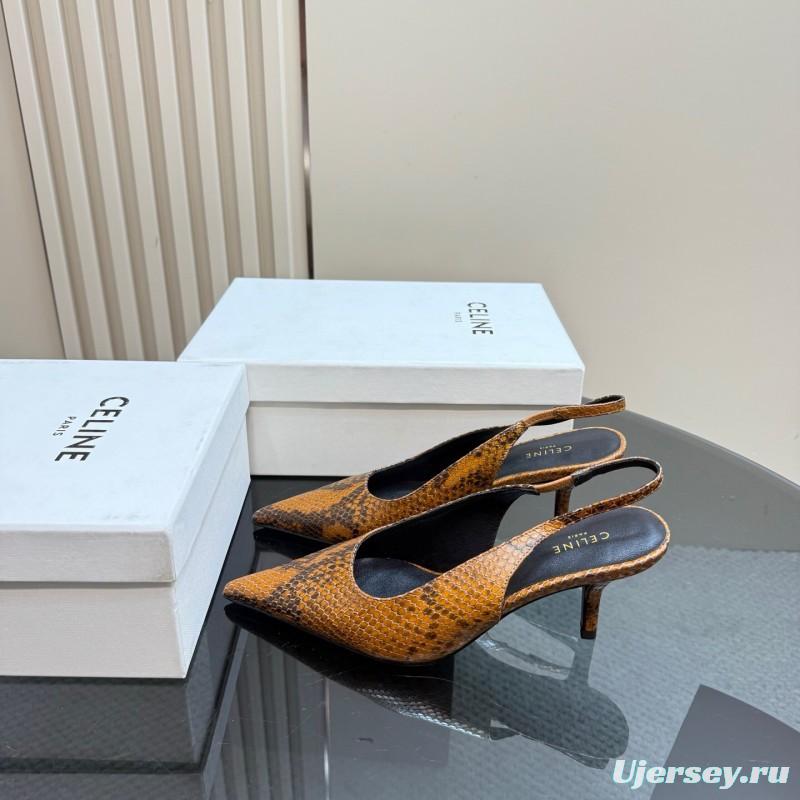2025 Women Celine Brown Snakeskin Leather Slingback Heels