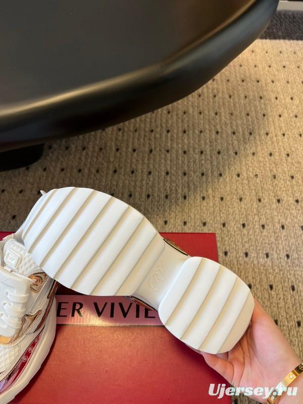 2025 Women Roger Vivier White Pink Leather Mesh Sneakers KFY00380