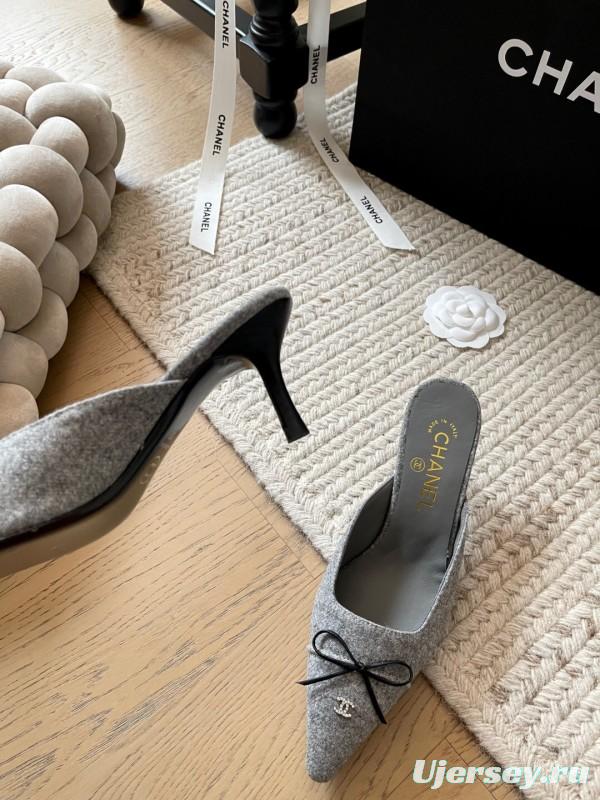 2025 Women Chanel Grey Fabric Pointed Toe Mules KFY00290