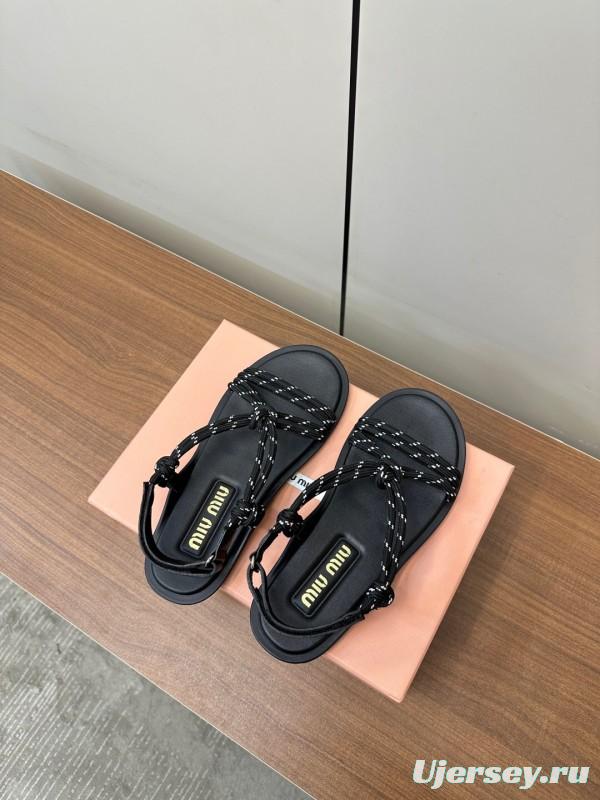 2025 Women Miu Miu Black Leather Rope Sandals