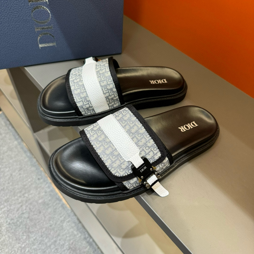 2024 Slippers Dior Black White Canvas Leather Slippers