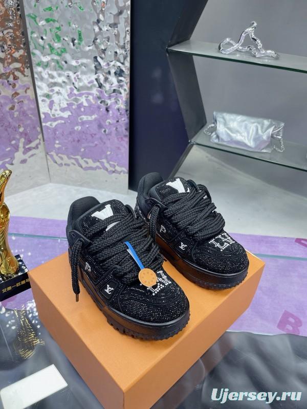 2024 Kids Louis Vuitton Black Rhinestone Fabric LV Trainer