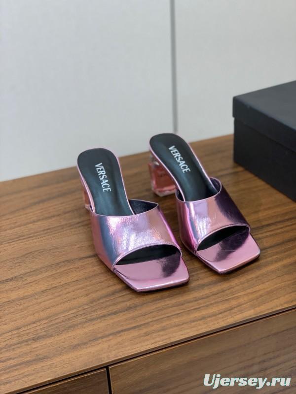 2025 Women VERSACE Pink Leather Slippers